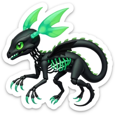 Obsidian-black and neon-glowing-green skeletal Meloetta-Salandit-Gorebyss-Salazzle-Pokémon-Fakémon-creature-fusion-hybrid sticker