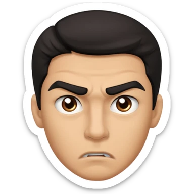 emoji de un joven, con cejas gruesas que parece enojado, nariz medio grande, hombros anchos, sin sonrisa, hombros anchos, cabello medio ondulado con un corte juvenil, cabello negro. ojos negros. sticker