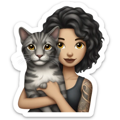 Beautiful dark haired lion tattooed woman holding gray and white stripe long haired cat sticker