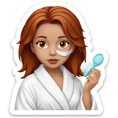 A Barbie face with shoulder-length reddish-brown hair, makeup, a smeared face mask, and a bathrobe. sticker