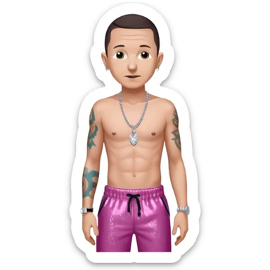 Chester Bennington with dark brown hair, dark pink sequin baggy pants, shirtless with necklace sticker