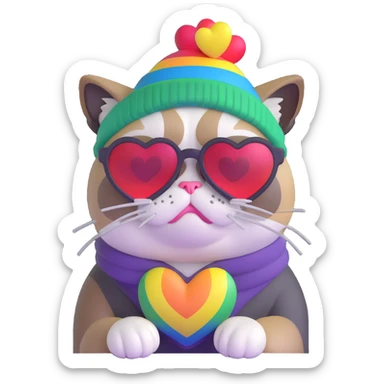 grumpy cat wearing a rainbow beanie and heart-shaped sunglasses sticker