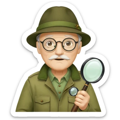 old man in beige moss green explorer outfit, wear black glass, hat, holding magnifying glass sticker
