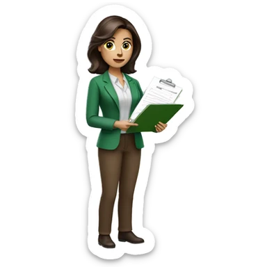 brunette woman psychologist, holding a medical record clipboard, wearing professional clothes with a green blouse and brown pants sticker