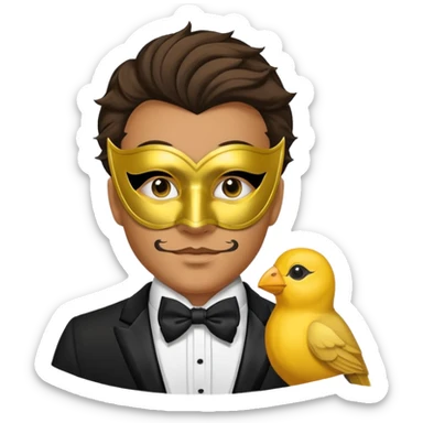 A man facing forward wearing a tuxedo with a yellow canary mask. The canary mask is in the style of a Venetian carnival mask. sticker