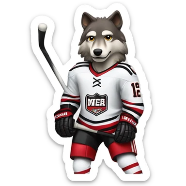 A wolf hockey player in a white red and black uniform holds a puck sticker