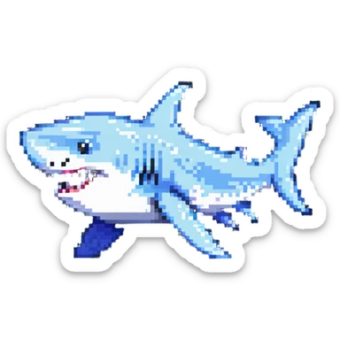shark with sneakers on fins, fun and quirky pixel art sticker