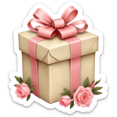 A weathered parchment-wrapped gift, secured with a Cherry Blossom Pink silk bow, lies nestled among dried sprigs of Coral Pink and Champagne Pink roses, their scent mingling with the faint trace of pastel pink aged paper.  sticker