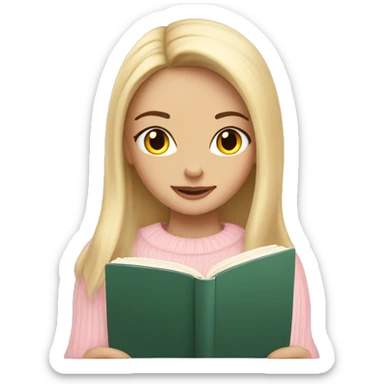 Pretty amber eyed white girl with light pink sweater reading cozy sticker