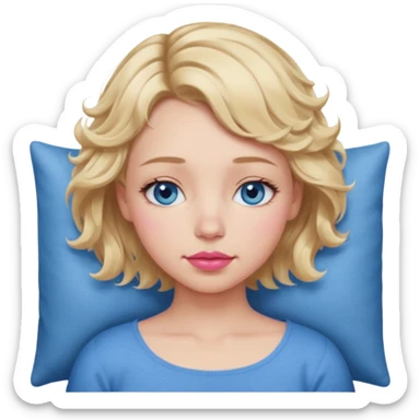 Girl Blonde short wavy hair,  blue eyes, cute blue top, long lashes, pink lips, sleeping sticker