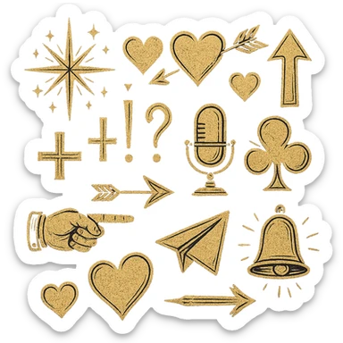 lights, hearts, arrows, punctuation marks, mathematical signs, microphone, telegram airplane, finger points, bell, all in tarot aesthetics with a dark purple gradient to light purple background sticker