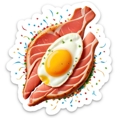 Protein party explosion with chicken breast, red meat steak, salmon fillet, and egg bursting upward from center like fireworks, with the largest chicken piece in front, DNA strands spiraling around them, and muscle silhouette in background sticker