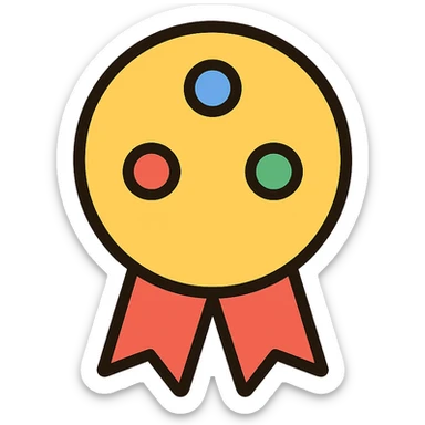 gold must have award with colorful gems, elegant minimalist flat design, award badge style, 2D flat vector, trending icon look, soft shadows, no text, isolated on white background, commercial use sticker