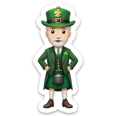 Tall grey haired man with goatee wearing a green peaky hat and kilt st. Patrick’s Day sticker