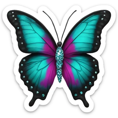 Realistic dark turquoise and black butterfly with magenta accents and rhinestones on it. sticker