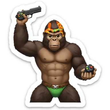 A gorilla holding a gun in the air with a Xbox controller  sticker