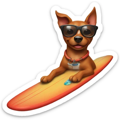 Red/ brown dog with sunglasses riding a surfboard with fish  sticker