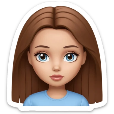 Pretty Bratz doll baddie, straight brown mid lenght hair, pale-tanned skin, natural makeup, light blue-grey eyes sticker