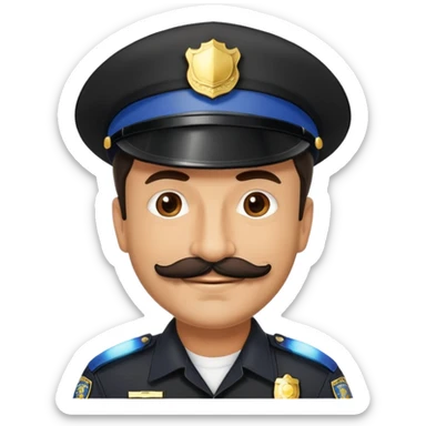 đàn ông 50 tuổi, da vàng, có ria mép màu đen, tóc ngắn, đội mũ cảnh sát màu đen, cười mỉm nhẹ nhàng sticker