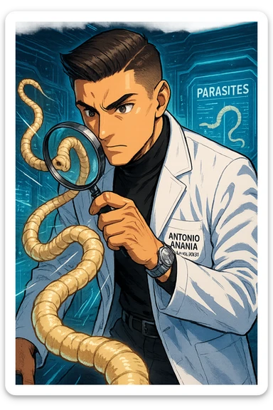 A dynamic manga/webtoon-style illustration of a young male kinesiologist wearing a clean white lab coat, analyzing light beige worms like a tapeworm under a magnifying glass. His expression is focused and slightly intrigued, with sharp, detailed eyes. The art style is vibrant, with bold linework, rich colors, and dramatic lighting. The background is a futuristic laboratory with glowing holographic screens displaying parasite data. The tapeworm is intricately drawn, slimy and segmented, with a slightly exaggerated yet realistic texture. The composition is dynamic, with motion lines or energy effects to emphasize his scientific investigation. The atmosphere is intense but not dark, keeping a balance between scientific seriousness and stylish manga aesthetics, he has "ANTONIO ANANIA" WRITTEN ON WHITE LAB COAT sticker