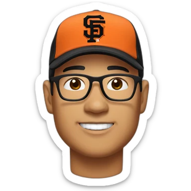 Asian middle age man with glasses, black quarter zip and black sf giants baseball cap sticker