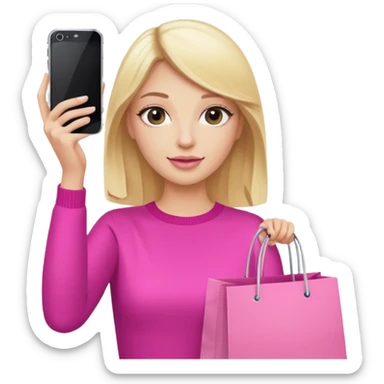 Blond influencer taking selfie with an iphone with one hand and a pink shopping bag in the other hand sticker