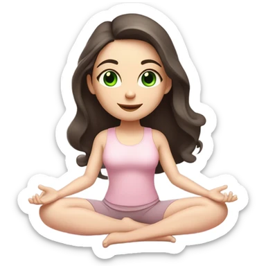 Dark brown long hair and green eyes yoga beautiful girl with pale skin in light pink pink pink clothes sitting on a yoga mat sticker