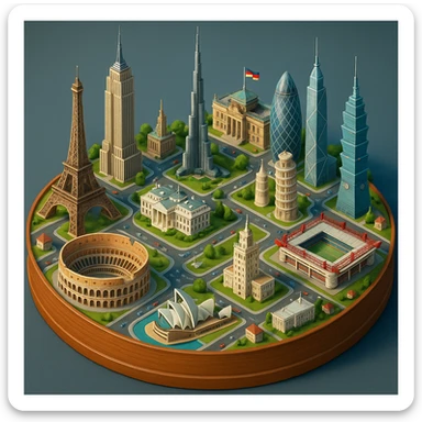 Оставь основу картинки - деревянную подставку, но при этом сгенерируй изометричная, яркая, детализированная и фотореалистичная иллюстрация где будет самые узнаваемые здания мира Эмпайр Стейт Билдинг, Эйфелева башня, Колизей, Сиднейская опера, стадион Сан-Сиро, Белый Дом Пизанская башня, здание МГУ, Бурдж-Халифа, Башни Петронас, Небоскрёб Фостера в Лондоне, Рейхстаг, Тайбэй. Здания не должны повторять и должны быть на картинке в единственном экземпляре sticker