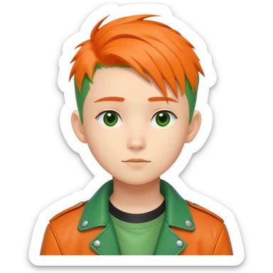 Nam 15 tuổi, da trắng, tóc under cut màu xanh lá cây ( vuốt ngược ra sau ), áo khoác da màu cam cổ cao sticker