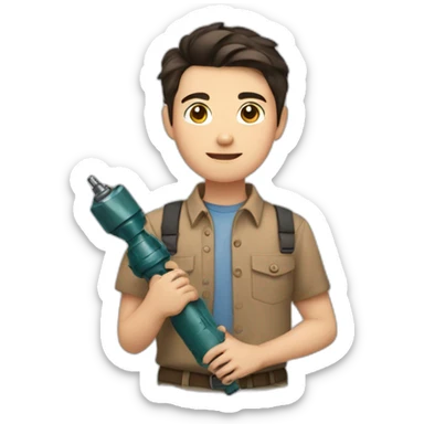 short dark hair white young boy in brown button up shirt with a tshirt under holding a drill sticker