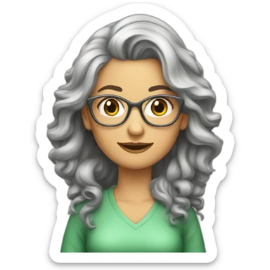 Femme 50 ans cheveux longs gris, ondulés lunette métal yeux vert  sticker