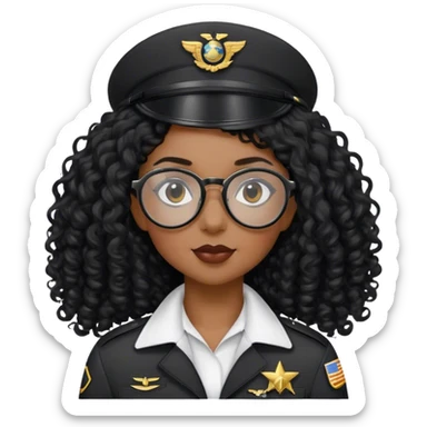 femme pilote d'avion en uniforme noir aux cheveux bouclés noir long et petites lunettes arrondis  sticker