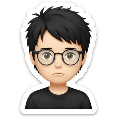 generate a pretty bratz fair skinned boy with black messy hair wearing a black tshirt looking bored n tired. Glasses on sticker