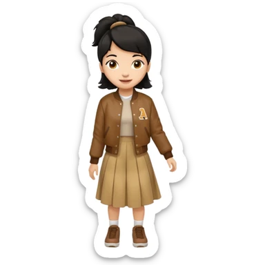 black color hair, light skin long hair girl with brown varsity jacket and long skirt walking

 sticker