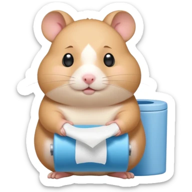 Cute chubby cartoon-style hamster sitting on toilet holding toilet paper looking as if he had an accident, sticker-style illustration sticker