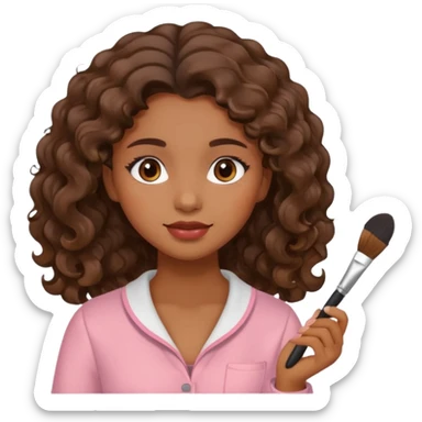 Chica castañana con el cabello ondulado, aplicándose rubor con una brocha en la mano sticker
