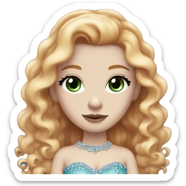  Red long hair curly girl, pale skin, white foundation, purple eyeshadow, with green eyes and a blue bedazzled dress with a small tiara on her head, with mascara on her eyes blue dress pale skin sticker