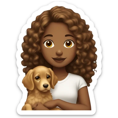 Brown girl with brown curly hair with a golden retriever puppy sticker