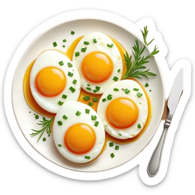 Cinematic sunny-side-up eggs, perfectly cooked with glossy yolks, crispy golden edges, sprinkled with fresh herbs, served on a rustic plate, bright and inviting, highly detailed and appetizing. sticker