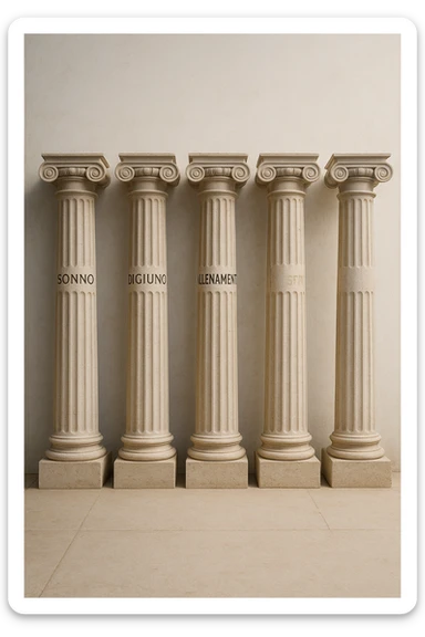 5 pilastri con le scritte "SONNO", "DIGIUNO", "ALLENAMENTO", "INTESTINO", IMMAGINE IPERREALISTICA SFONDO CHIARO IN ITALIANO sticker