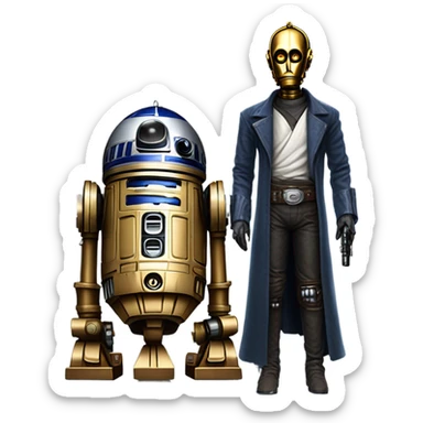 tarnished undercover tough well-equipped Jedi  life-sized darkblue-pearl C3po as a friendly droid wearing a leather clothing old west duster coat holding light saber  sticker