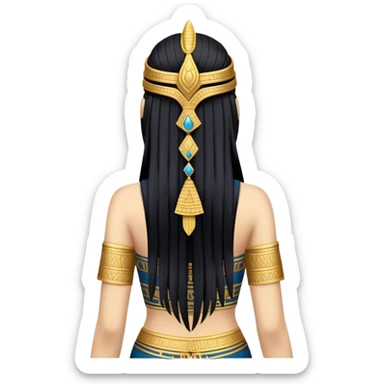 back view of Anunnaki goddess Inanna with long flowing black hair and Mesopotamian cuneiform symbols on her royal attire sticker