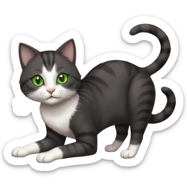 beautiful female solid dark grey cat with green eyes, white toes/paws and white patch on her chest rolling upside down sticker