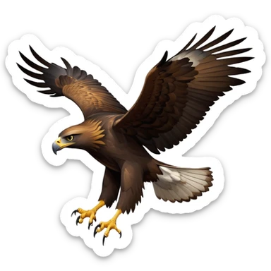 cinematic-golden eagle-realistic-full-body-soaring-emoji,-massive-wings-spread-wide-against-the-open-sky,-sharp-beak-curved-and-powerful,-piercing-golden-eyes-scanning-the-land-below,-strong-feathered-legs-tucked-tight,-dark-brown-feathers sticker