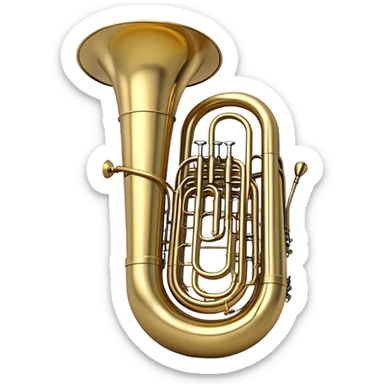 Create a large and bold emoji representing a tuba. The design should feature the tuba’s iconic, large, curved brass body, with its wide bell and tubing wrapping around. Highlight the visible valves and their metal buttons, showcasing the characteristic structure of the instrument. The brass finish should be shiny, with golden tones and subtle reflective light effects to highlight its polished surface. Add soft musical notes or soundwaves emanating from the bell to evoke the deep, resonant sound of the tuba. The background should be transparent. sticker