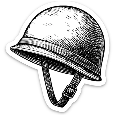 Create a schematic black and white technical style illustration of an American military helmet in the shape of the M1 helmet used in World War II and Vietnam. The helmet should have a dense fill, strict technical style, no text or labels, and be monochrome black and white. sticker