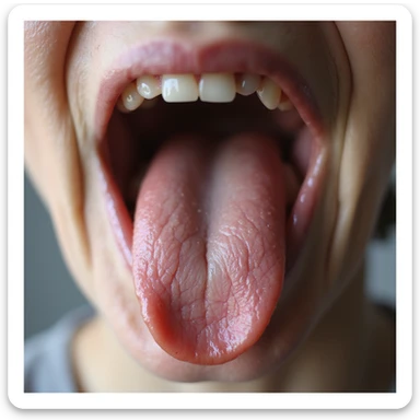 close-up of a red and smooth tongue (glossitis), typical of vitamin B12 deficiency, hyperrealistic 4K details, vertical 9:16, neutral background sticker