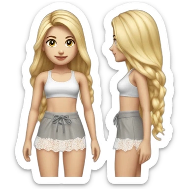 hyperrealistic caucasian female, long straight blonde hair, white lace-up crop top and grey plain tight mini skirt sticker