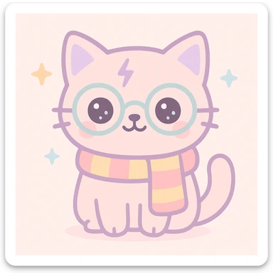 a cat dressed as Harry Potter with round glasses, a lightning bolt scar, and a Gryffindor scarf, cute illustrated style sticker