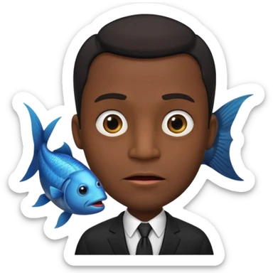 A man dressed in a black suit. His face is that of a fish — therefore, he has NO human face!! The fish’s face is positioned vertically, meaning its mouth is facing upward. Ok? sticker